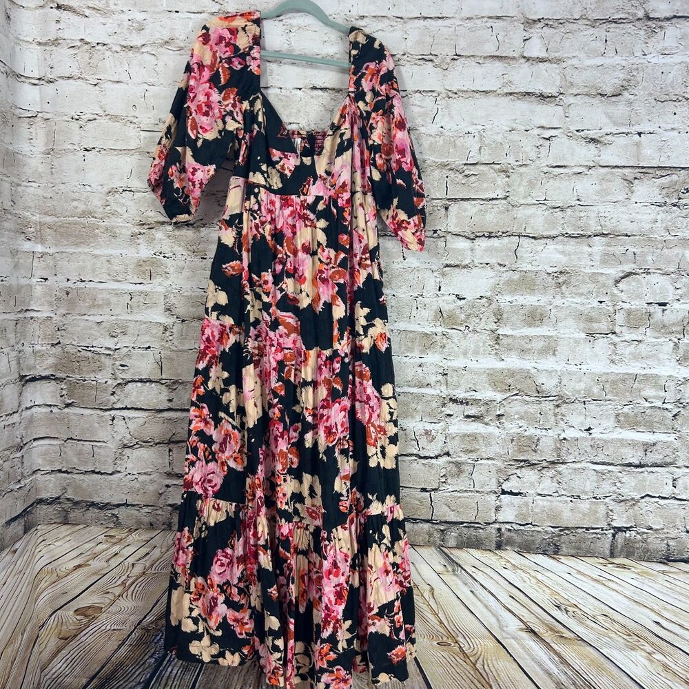 Anthropologie Blossom Cotton Maxi Dress Women's XL  Tiered Floral Ruched Dress